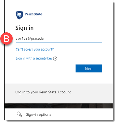 Image of Penn State user ID sign-in screen (1B)