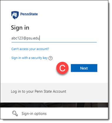 Image of Penn State user ID sign-in screen indicating clicking the next option (1C)